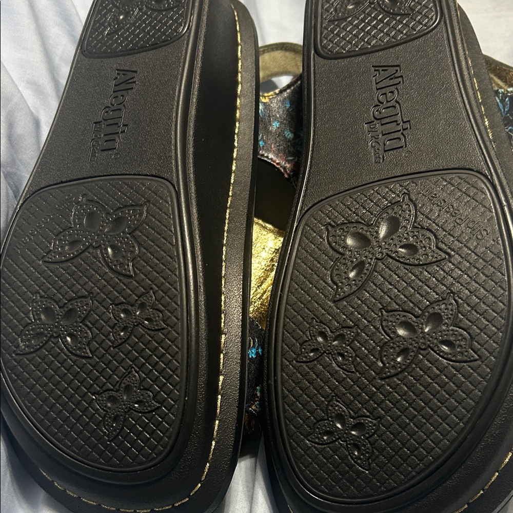 Alegria Black Sandals with Gold Accent